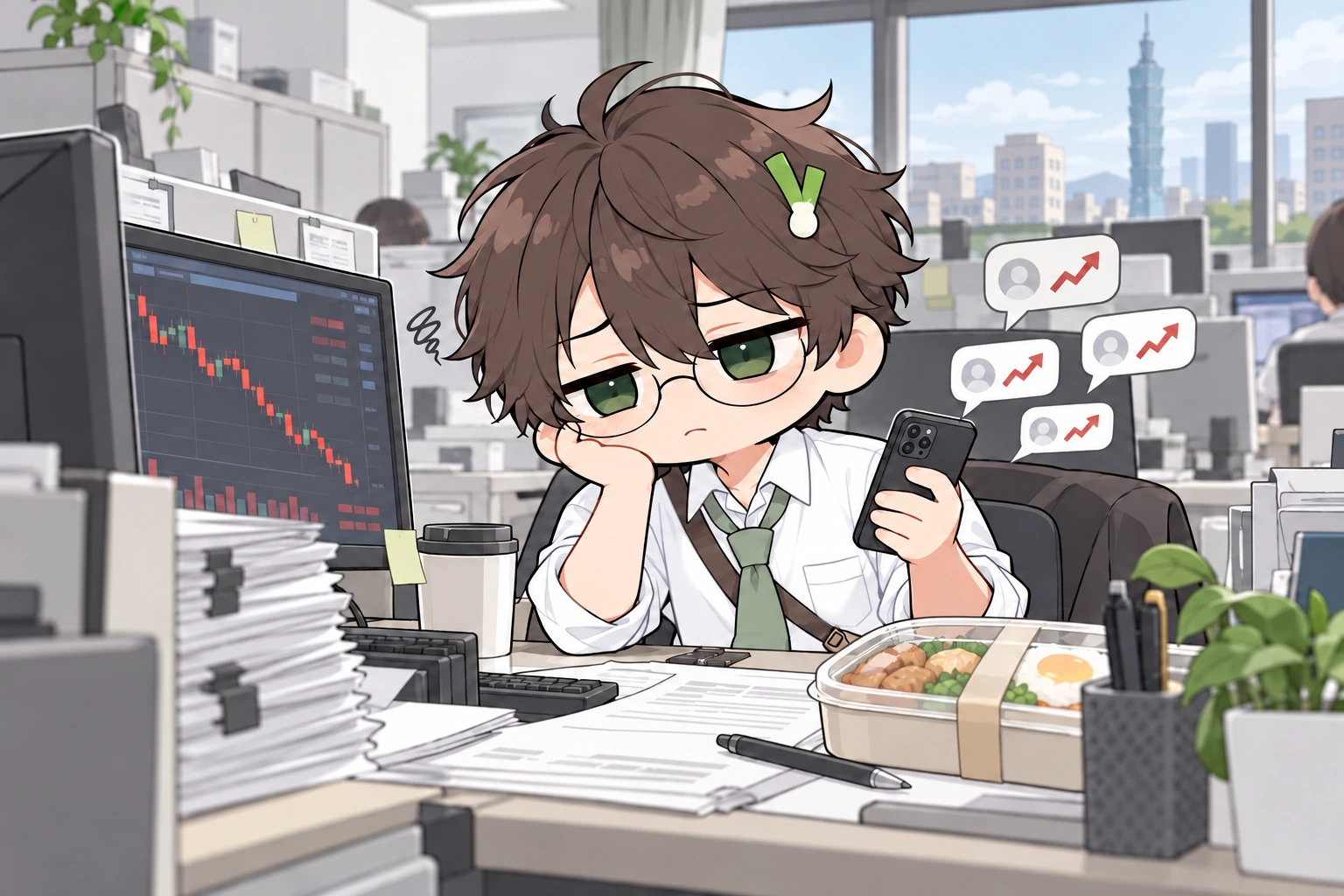 疲倦的小韭在辦公桌前看盤